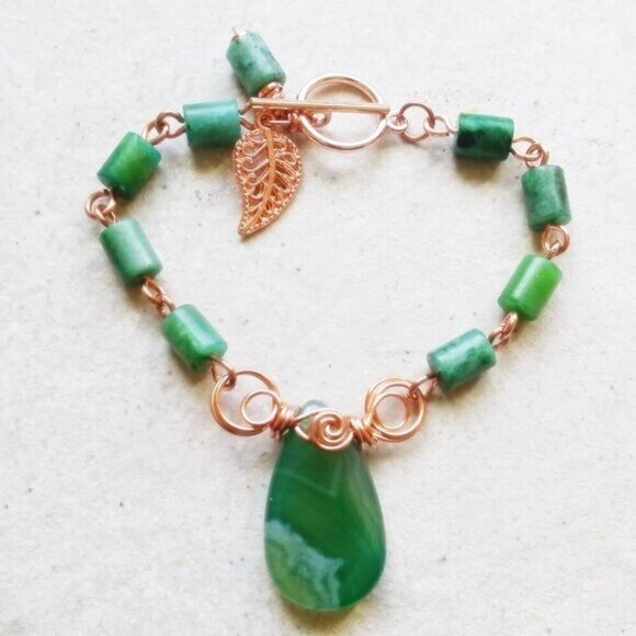 Handmade OOAK Green Agate & Jasper Copper Bracelet! Artisan Wire Wrapped Jewelry - Picture 2 of 15